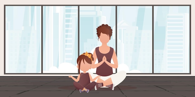 Vetor mãe e filha estão meditando juntas na posição de lótus estilo cartoon vector