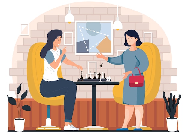 Mãe e filha jogando jogo de tabuleiro juntos personagens femininas amigas jogando xadrez sentadas em uma cadeira à mesa reunião de negócios de duas senhoras com jogo intelectual férias divertidas com a família