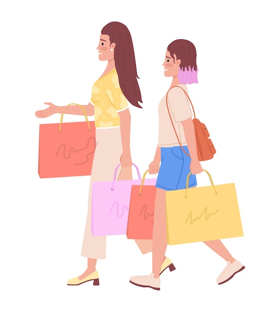 Vetor mãe e filha modernas comprando roupas juntas personagens vetoriais de cores semi planas
