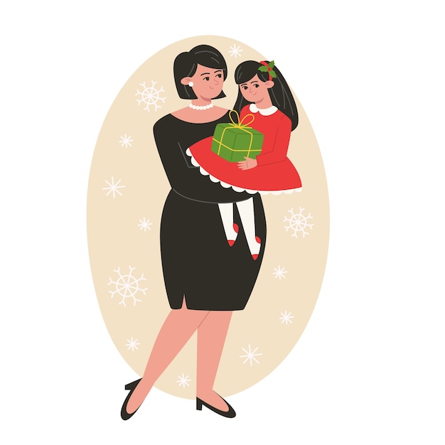 Mãe e filha na ilustração de natal em estilo simples