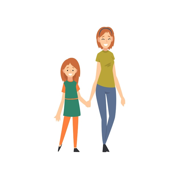 Mãe e filha sorridente de mãos dadas família feliz conceito de desenho animado ilustração vetorial em fundo branco