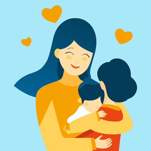mãe e filho abraçar juntos com sorriso expressão facial feliz mais elementos de amor corações
