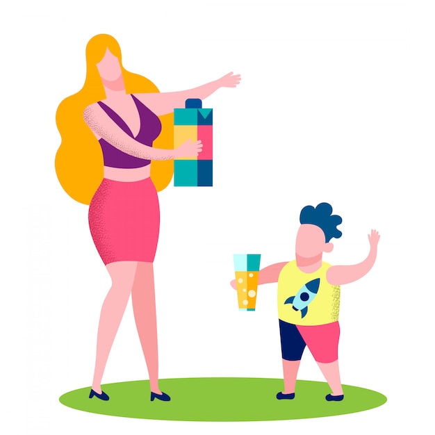 Mãe e filho bebendo ilustração vetorial de suco