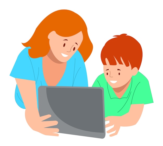 Vetor mãe e filho em casa na frente de uma ilustração vetorial de computador