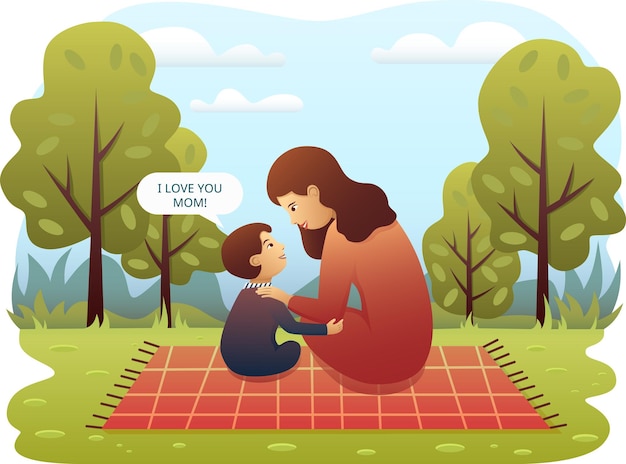 mãe e filho estão sentados no parque na natureza