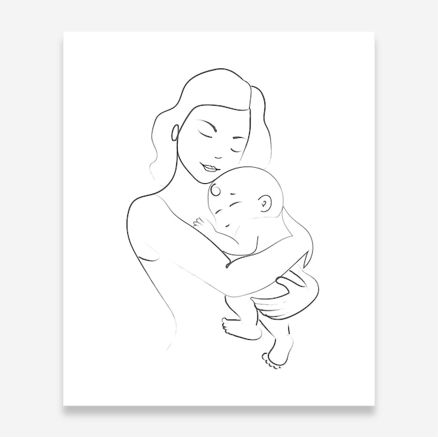 Vetor mãe e filho ilustração de cartaz de desenho de linha mínima