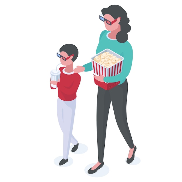 Vetor mãe e filho isométricos no cinema visitantes do cinema mãe e filho carregando refrigerante de pipoca usando ilustração vetorial plana de óculos 3d em fundo branco