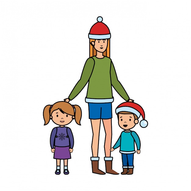 Mãe e filhos com roupas de natal