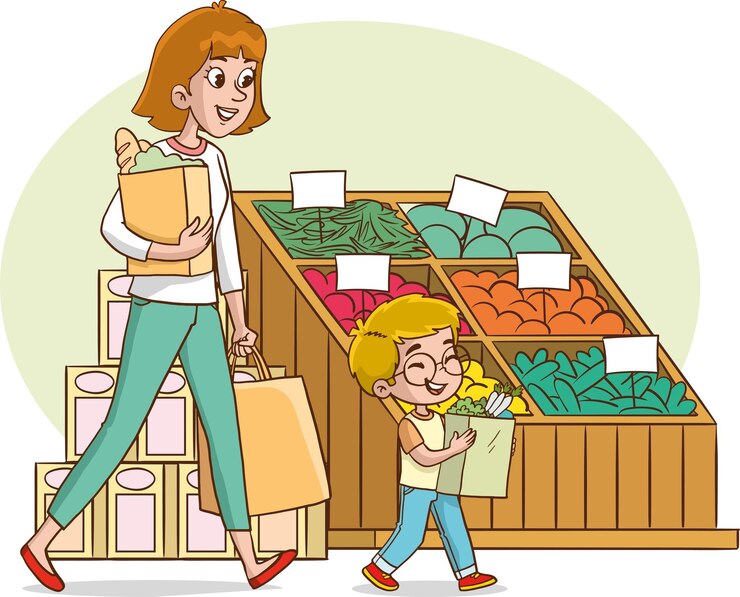 Vetor mãe e filhos navegando pelos corredores de um supermercado lotado e fazendo compras