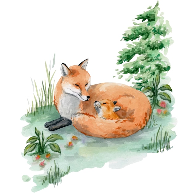 Vetor mãe e filhote de raposa habitantes da floresta