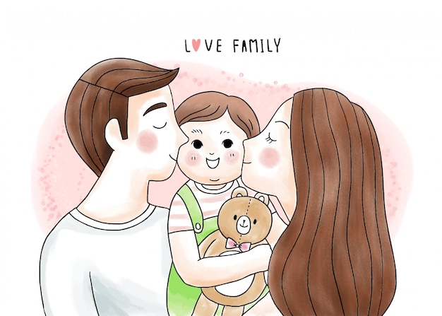 Mãe e pai bonito dos desenhos animados beijam e abraçam nossa boneca bebê e urso