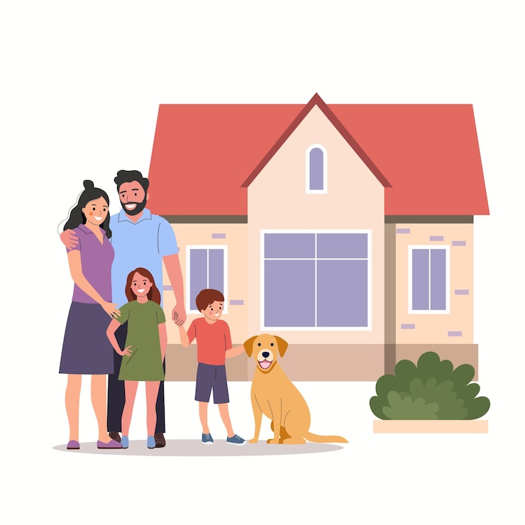 Vetor mãe e pai com filhos e cachorro na frente da nova casa ilustração vetorial de estilo plano
