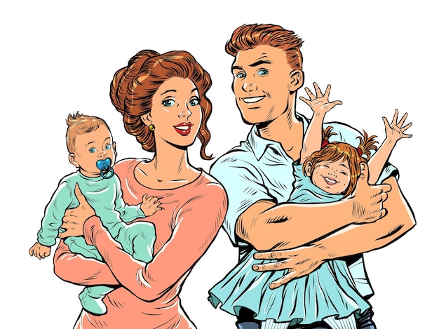Vetor mãe e pai de família com filhos em seus braços ilustração retrô pop art estilo ss