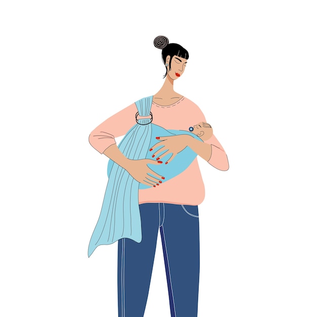 Mãe e recém-nascido no sling. retrato de família. conceito de gravidez e maternidade.