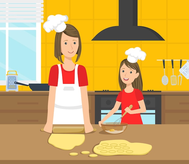 Mãe e sua filha cozinhando comida na cozinha juntos família na vida cotidiana em casa Ilustração vetorial