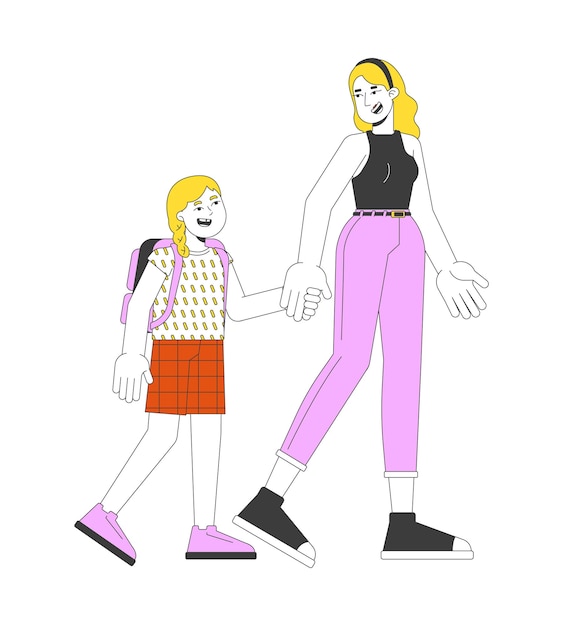 Mãe estudante de mãos dadas personagens de desenhos animados 2D