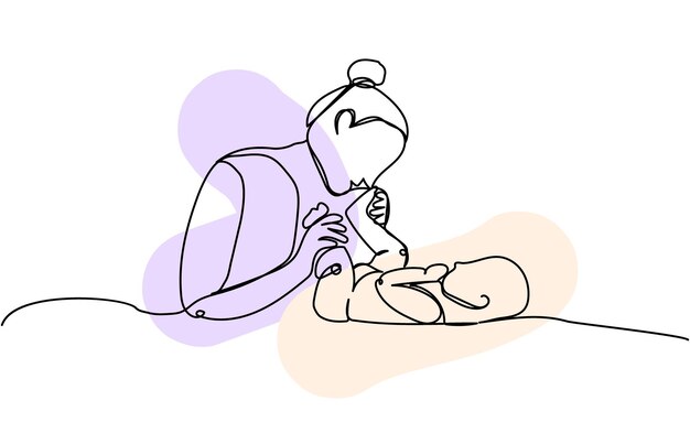 Mãe feliz com arte de linha recém-nascida com elementos coloridos Desenho de linha contínua de cuidados infantis de amor familiar de maternidade recém-nascida