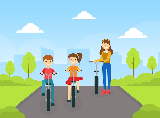 Vetor mãe feliz filho e filha andando de bicicleta no parque esportes e lazer atividade ao ar livre ilustração vetorial de desenho animado