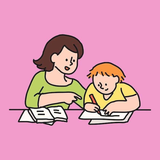 Mãe filho elemento de colagem fazendo lição de casa vetor de ilustração de desenho animado