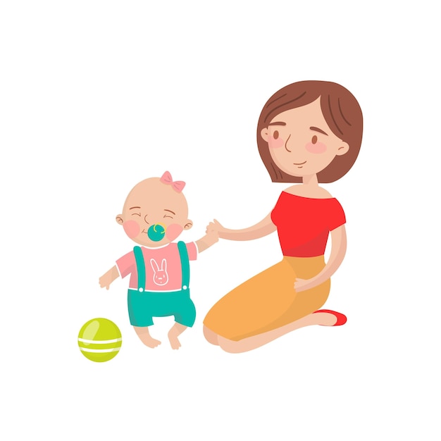 Mãe jogando bola com seu bebê filho desenho vetorial ilustração