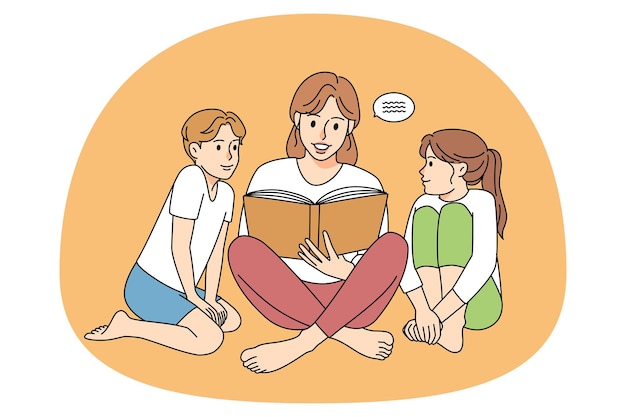 Mãe lendo livro com crianças