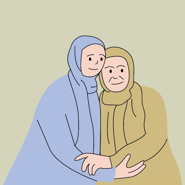 Mãe muçulmana e filha abraçando