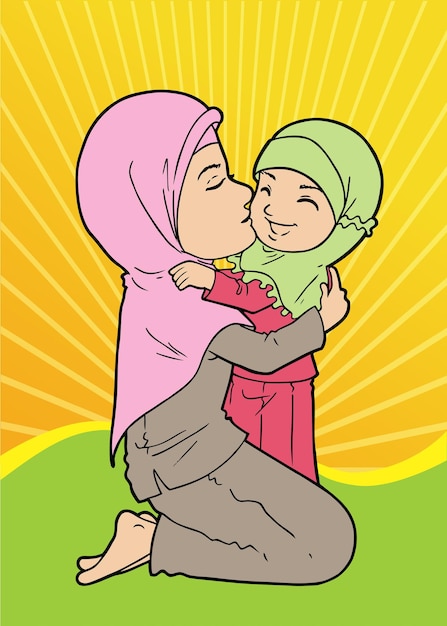 Mãe muçulmana indonésia segurando e beijando a filha