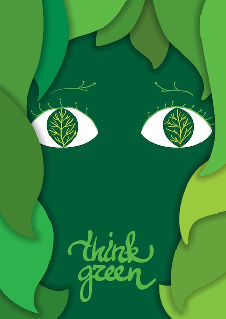 Vetor mãe natureza, mulher composta de folhas verdes. frase de caligrafia pense verde