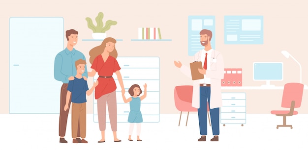 Mãe, pai e filhos sorridentes foram ao consultório médico, clínica ou hospital. Visita ao médico de família ou reunião com um consultor médico. Ilustração colorida em estilo cartoon plana.