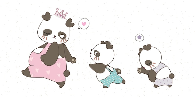 Mãe, panda e dois filhos com roupas fofas em tons pastel desenhando à mão um doodle no fundo branco