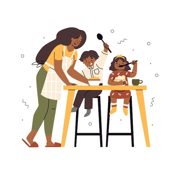 Mãe põe a mesa para seu filho e filha cuidando de parentes conceito de café da manhã em família pessoas de pele negra estilo plano em ilustração vetorial