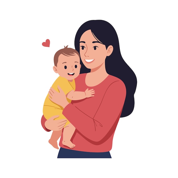 Mãe segurando bebê com símbolo de coração expressando amor em ilustração vetorial de roupas casuais quentes