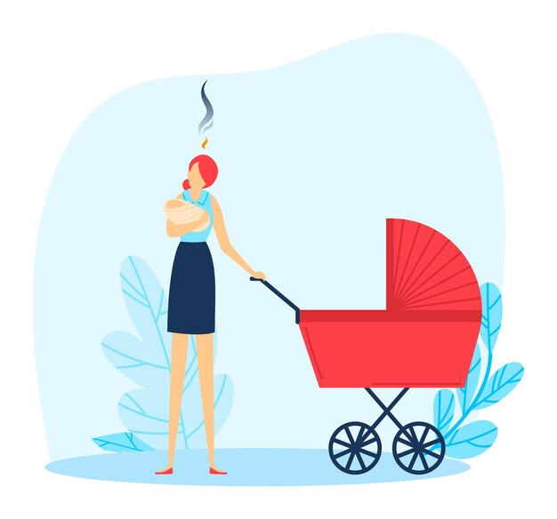 Mãe segurando o bebê tomando café com carrinho vermelho ao ar livre jovem mãe aproveitando seu café com o bebê