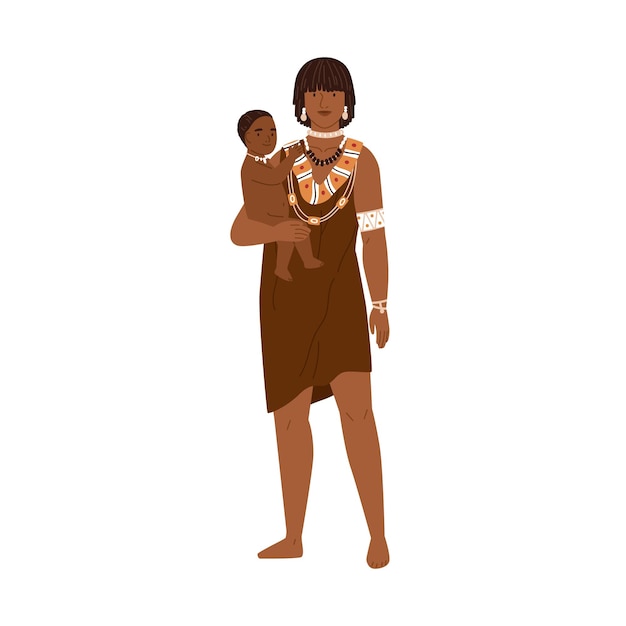 Mãe tribal africana com bebê. jovem membro feminino da tribo aborígene em vestido étnico e segurando a criança. ilustração em vetor plana colorida isolada no fundo branco.