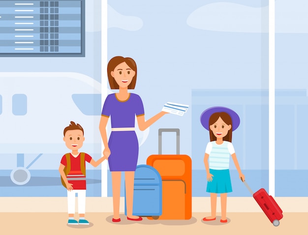 Vetor mãe viajar com filho e filha caracteres.