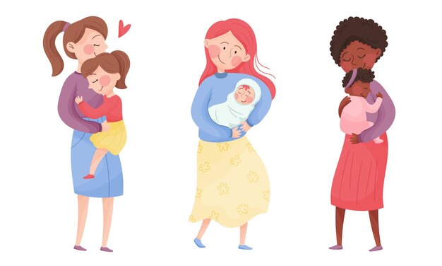 Mães felizes abraçando seus filhos segurando com os braços o conjunto de vetores