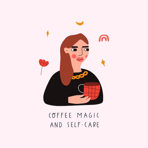 Magia de café e autocuidado menina bonita com caneca ilustração desenhada à mão vetorial