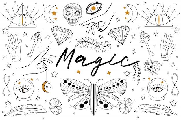 Magia mão desenhada, doodle, esboço conjunto de estilo de linha. símbolos de bruxaria. coleção esotérica étnica com mãos, lua, cristais, planta, olho, quiromancia e outros elementos mágicos. ilustração