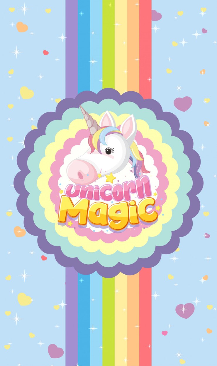 Vetor mágica de unicórnio com logotipo de cabeça de unicórnio fofa em moldura redonda ondulada com listras de arco-íris em fundo azul brilhante