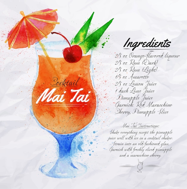 Vetor mai tai cocktails aquarela