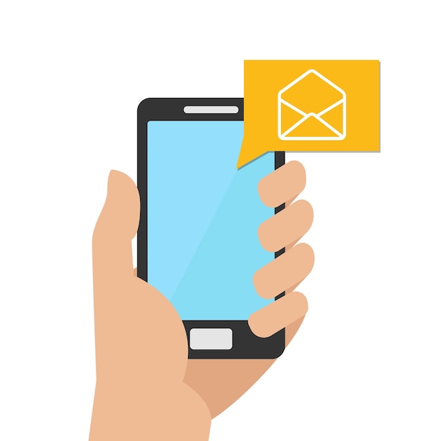 Mail conceito móvel Mão segurando um telefone para o qual era uma letra Ilustração vetorial