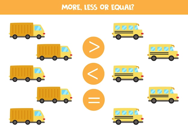 Mais, menos, igual a caminhão e ônibus escolar. jogo de matemática