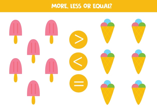 Mais, menos, igual a sorvetes. comparação matemática.