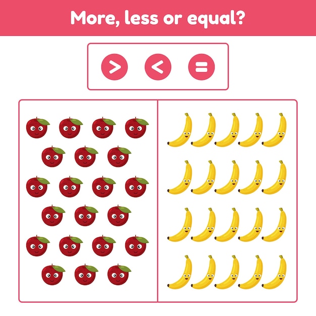 Mais, menos ou igual. jogo educativo de matemática para crianças em idade pré-escolar e escolar. frutas. maçã e bananas. ilustração.