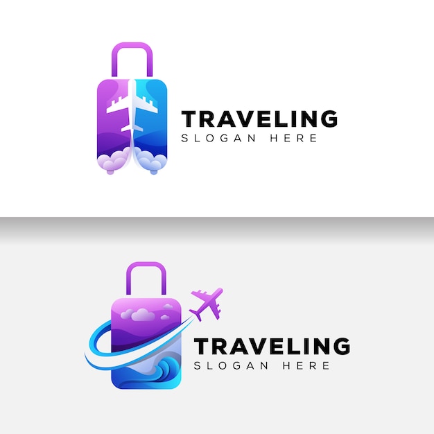 Vetor mala colorida viajando logo, modelo de logotipo de férias de avião