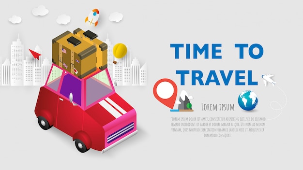 Mala de férias viagens férias pronta para cartaz de conceito de aventura, carro de bandeira vermelha