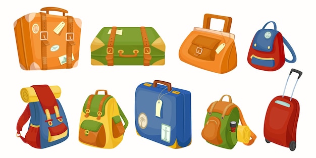 Mala de viagem Viagem de desenho animado e bagagem de férias e bolsa com acessórios Gráfico de vetor de viagem de verão