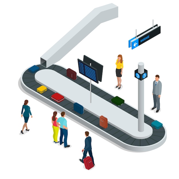 Mala na esteira de bagagem na esteira de bagagem no aeroporto. Ilustração isométrica de vetor 3d plana