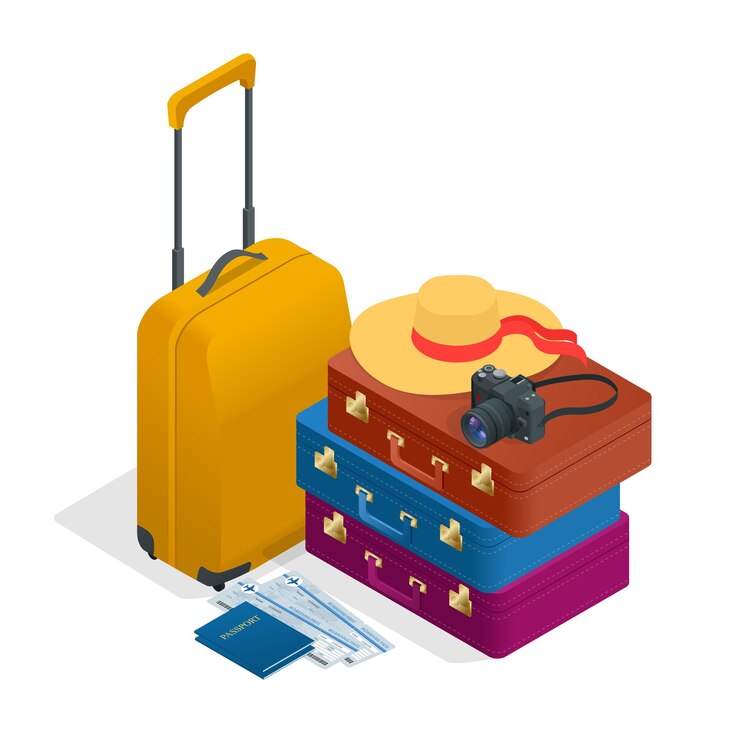 Malas de viagem, passaporte, máquina fotográfica e bilhete de viagem. Ilustração em vetor 3d plana isométrica
