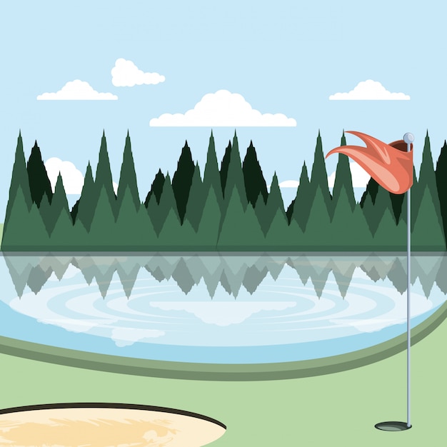 Vetor maldição de golfe com armadilha de areia e lago